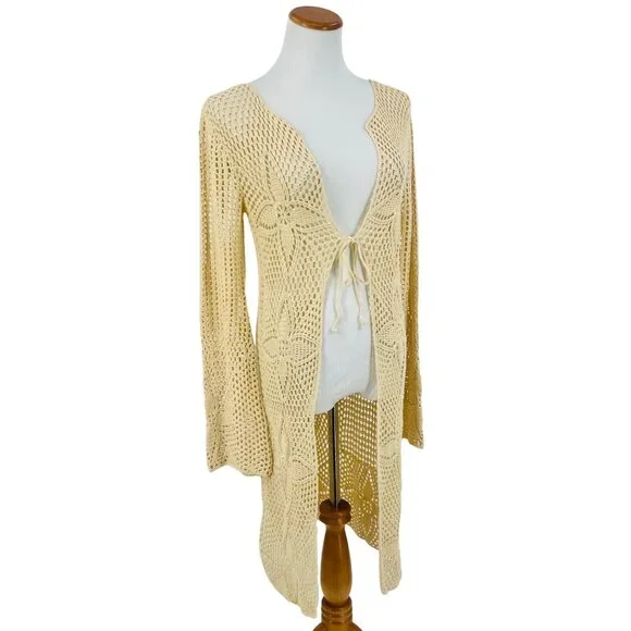 Vintage 90s Crochet Tie Front Duster Cardigan| Boho Coastal Cowgirl Cottagecore - Picture 6 of 16